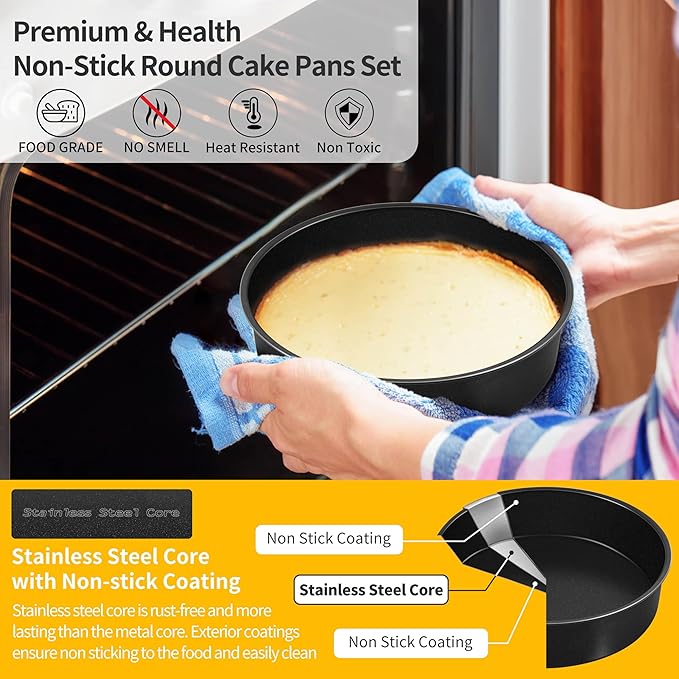 P&P CHEF Non-stick Cake Pan Set of 4, 6 Inch Round Baking Cake Pans Tins for Tier Smash Cakes, Non-Toxic & Solid, Stainless Steel Core & Leak-Proof, 4Pcs