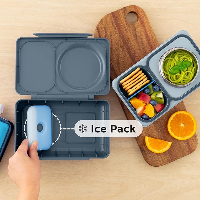 Omie OmieBox UP bento Box for Kids | Insulated Lunch Box | Leak Proof Vacuum Insulated Thermal Food jar | Cooler ice Pack | 2 Compartments (Graphite)