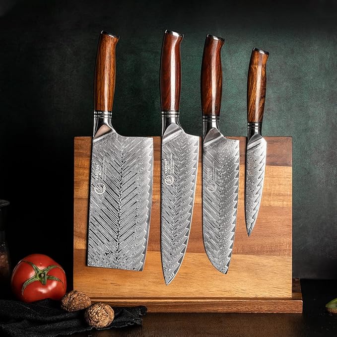 YARENH Knife Set with Magnetic Block 5 Piece, Professional Kitchen Knife Set, 73 Layers Damascus High Carbon Stainless Steel, Natural Sandalwood Handle, Sharp Chef Knife