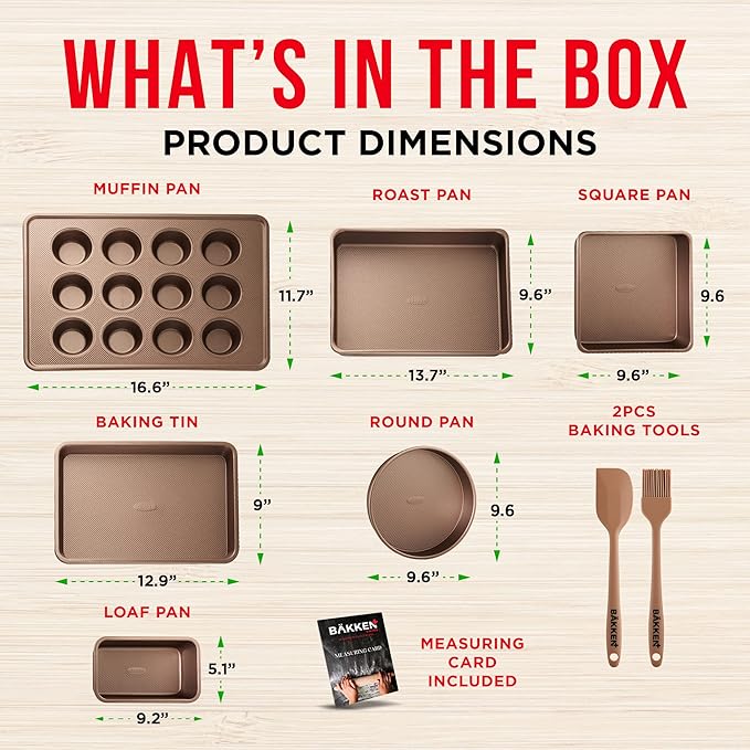 Bakeware Set – 8 Piece – Non-Stick Professional Home Bakeware – Multi Sized Baking Pan Set - Muffin Pan, Loaf Pan and More – Gold