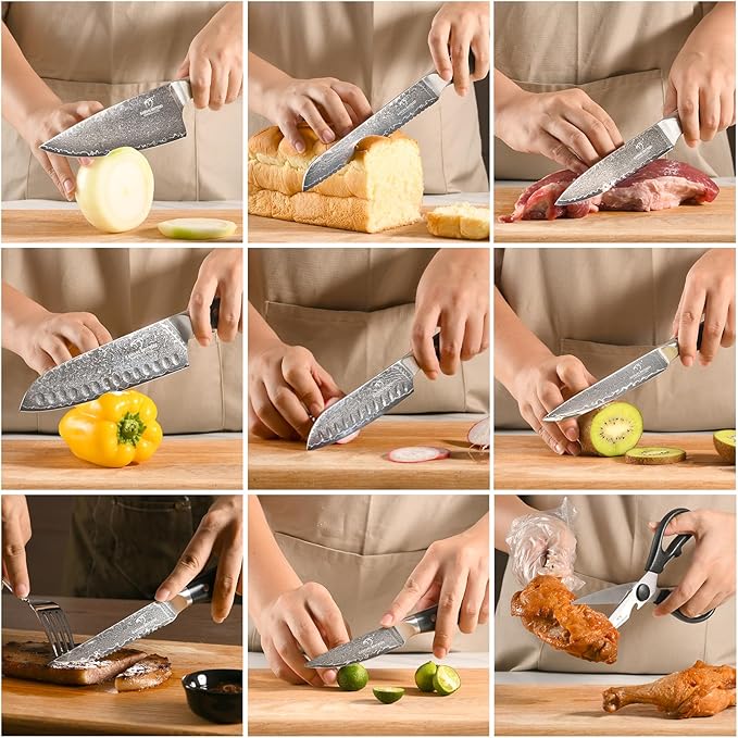 Damascus Knife Set with Block for Kitchen, VG10 Core Damascus Steel Chef Knife Set with Triple-Rivet Handle, Knife Sharpener, 16PCS with Ash Wood Knife Block