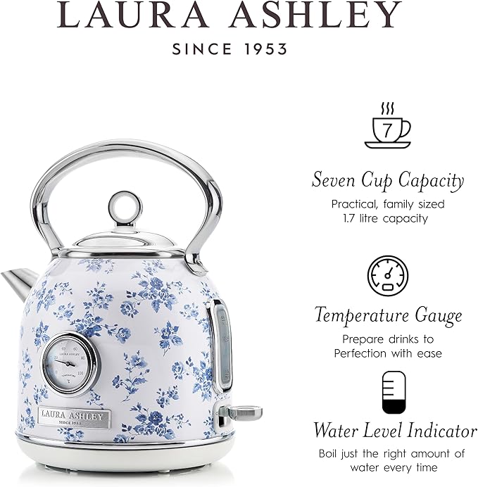 Laura Ashley Stainless Steel Electric Kettle 1.7 Liter - 1500W Rapid Boil Electric Kettles for Boiling Water - Electric Tea Kettles Automatic Shut Off - Overheat & Boil Dry Protection Cordless Kettle