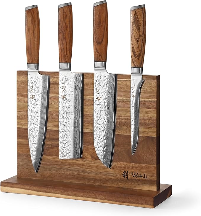 Wakoli Damascus Knife Block Set – 4-Piece Professional Chef Knife Collection with Magnetic Block | Genuine 67-Layer Damascus Steel Blades with VG10 Core | Ergonomic Zebrawood Handles