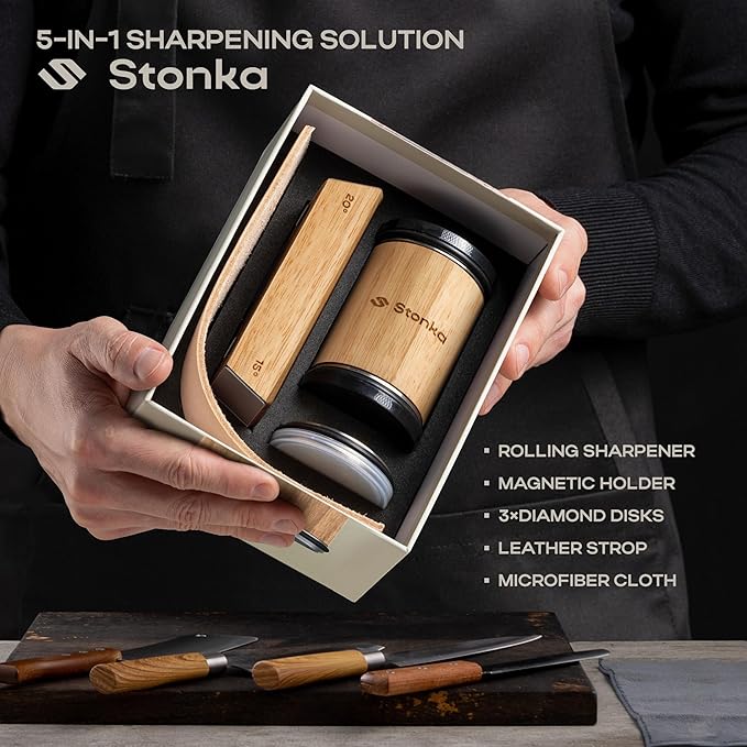 Stonka Oak Rolling Knife Sharpener Kit – Dual-Grit Diamond Wheels Kit (400/1000), Easy to Use Knife Sharpener Roller with Magnetic Holder with 15° & 20°, Leather Strap