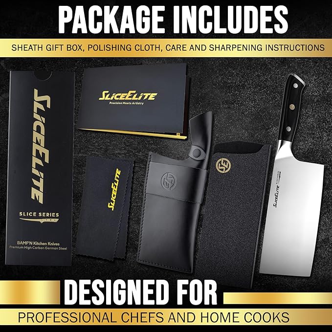 SliceElite Slice Series 7 Inch Cleaver Knife High Carbon German Steel Blade Pakkawood Handle Dual Sheath Sharp Butcher Knife Kitchen Chopper Bone Cutter Meat Slicer Vegetable Knife BBQ Butcher Cleaver