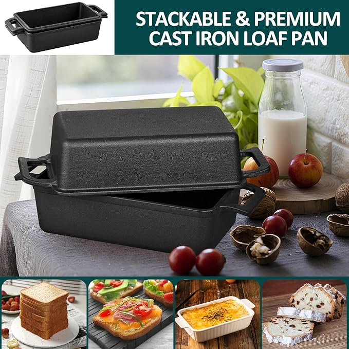 Leonyo 9 x 6 inch Cast Iron Loaf Pan with Lid, 2-in-1 Sourdough Baking Pan, Pre-seasoned Loaf Dutch Oven for Homemade Bread, Pound Cake, Lasagna, Up to 500℉ & Black