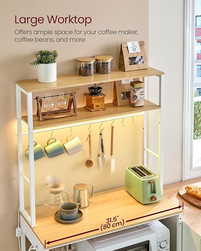 VASAGLE Coffee Bar with LED Lights, Kitchen Bakers Rack with Power Outlet, Microwave Stand with Adjustable Shelves, 8 Hooks, 15.7 x 31.5 x 65.7 Inches, Golden Oak and Matte White UKKS050Y01