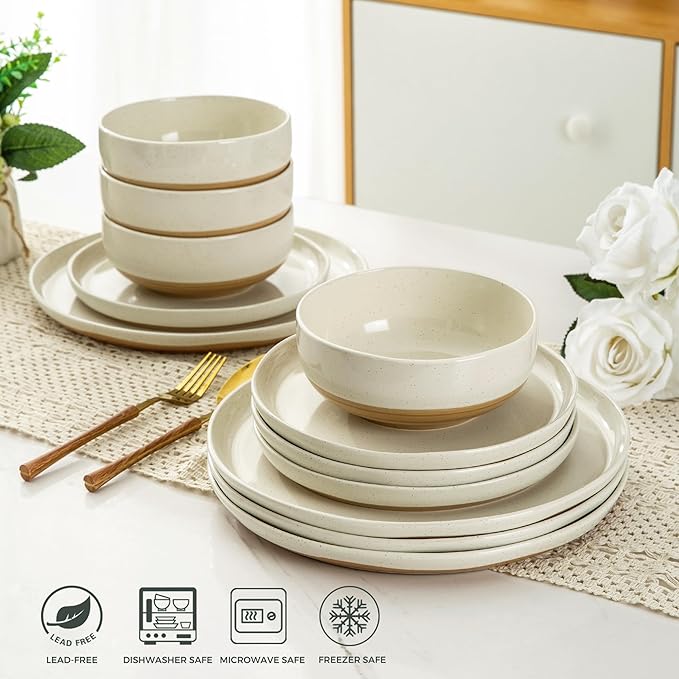 AmorArc Ceramic Dinnerware Sets for 6, 18 Pieces Handpainted Plates and Bowls Set with Rustic Terracotta Underside, Scratch Resistant Stoneware Dishes Set, Dishwasher & Microwave Safe,Light Beige