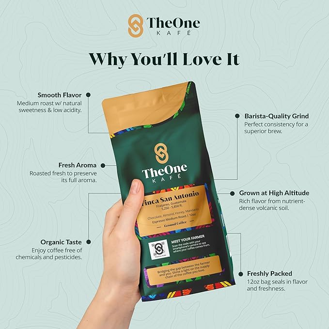 TheOne Kafé Guatemala Medium Roast Ground Coffee – Organic, Single Origin, Premium Specialty Coffee and Ethically Sourced – Fresh Roasted for Espresso, Drip, Pour Over – 12 oz (Pack of 2)