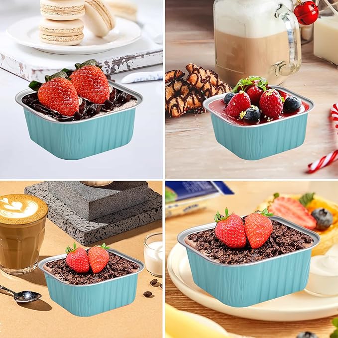 50 Pcs Mini Square Baking Cups with Lids,5oz Aluminum Foil Mini Cake Pans with Lids,Disposable Ramekins Cake Pans,150ml Dessert Cups Cupcake Pans for Wedding Birthday Party,Blue