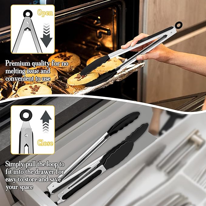 TeamFar Kitchen Tongs, 9" and 12" Stainless Steel Cooking Tongs with Silicone Tips for Cooking Grilling Serving & BBQ, Heat Resistant Silicone Tongs, Locking Design & Dishwasher Safe, Set of 2 & Black