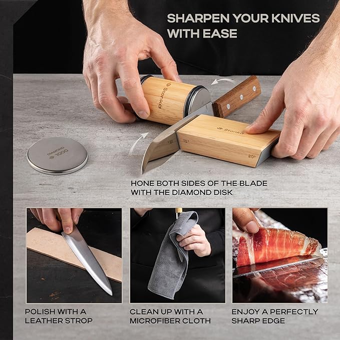 Stonka Oak Rolling Knife Sharpener Kit – Dual-Grit Diamond Wheels Kit (400/1000), Easy to Use Knife Sharpener Roller with Magnetic Holder with 15° & 20°, Leather Strap