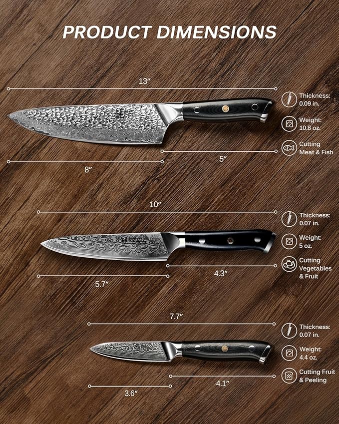 KYOKU Knife Set, 3pc Japanese Kitchen Knife Set for Cooking, 8" Chef 3.6" Paring 6" Utility Knife with Sheath Gift Box, Professional Sharp Damascus Stainless Steel Knives for Meat Vegetable Fruit