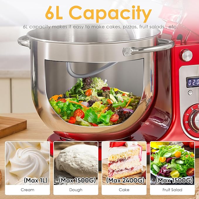 Biolomix Kitchen Electric Stand Mixer, 6 Speed Tilt Head Food Mixer with 6.5 QT Stainless Steel Bowl, Dough Hook, Flat Beater, Whisk and Anti Splash Cover, (6.5QT, Red)