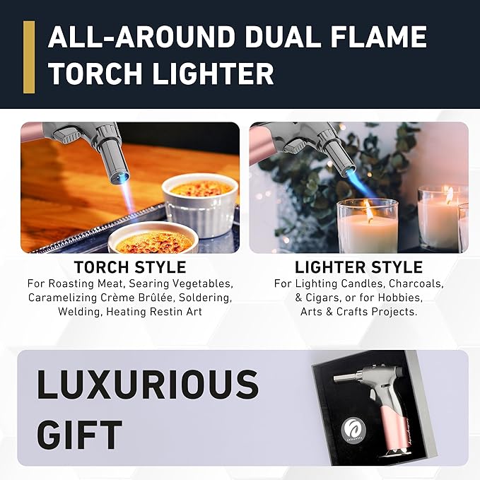Dual Flame Butane Torch Gun - Refillable Luxury Hand Held Mini Blow Torch for Cooking, Creme Brulee, Soldering, Welding, & Resin Art - Adjustable Flame with Ignition Lock - Steel Blush by inZaynity