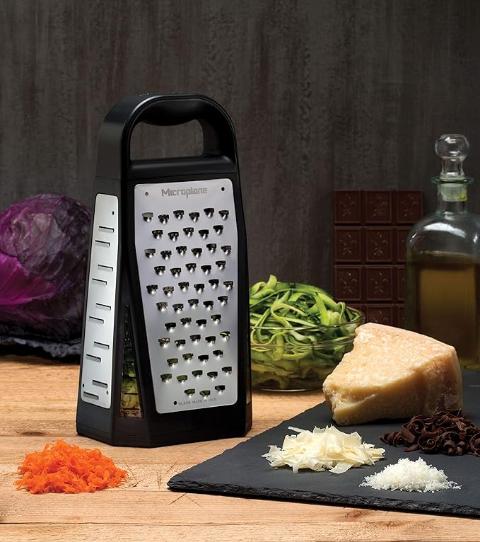 Microplane Elite Five Blade Box Grater with Measuring Cup Base, Five Grating Surfaces Including Fine, Coarse, Double-Sided Ribbon, Ultra-Coarse, and Slicer - Black