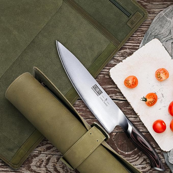 ELIZO Leather Knife Roll Bag Professional Chef Knife Case, Durable Knife Sheath Holder, Cooks & Culinary Tools Carrying Storage, Portable Knife Wrap - 4 Slots (Eucalyptus)
