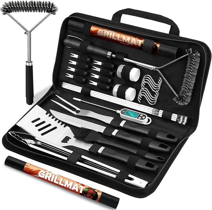 31pcs BBQ Grill Accessories Set for Men Dad, Heavy Duty Grilling Tools Gifts for Christmas, Stainless Steel BBQ Utensils Kit with Mats, Grill Brush in Carrying Bag Black