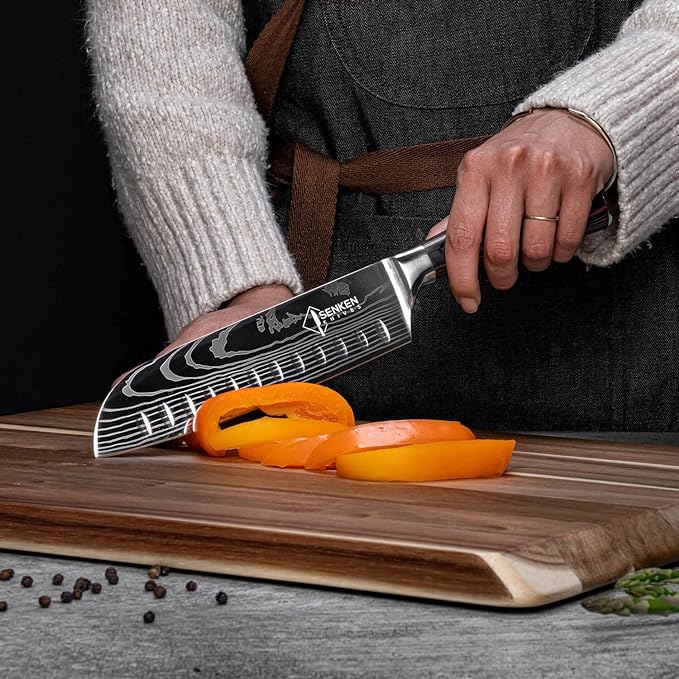 SENKEN 16-Piece Natural Acacia Wood Kitchen Knife Block Set - Japanese Chef's Knife Set with Laser Damascus Pattern, Includes Steak Knives, Kitchen Shears, Santoku, Cleaver & More (Wooden Handles)