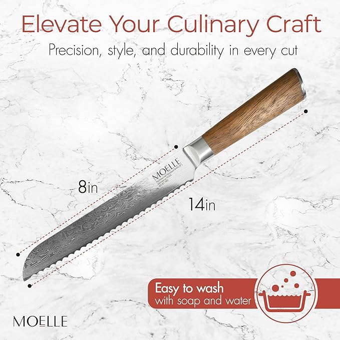 MOELLE Professional 9 Inch Serrated Knife – Kitchen Knife for Chefs/Cooks - Crafted with Damascus Steel Danish Design Ergonomic Teak Wood Handle