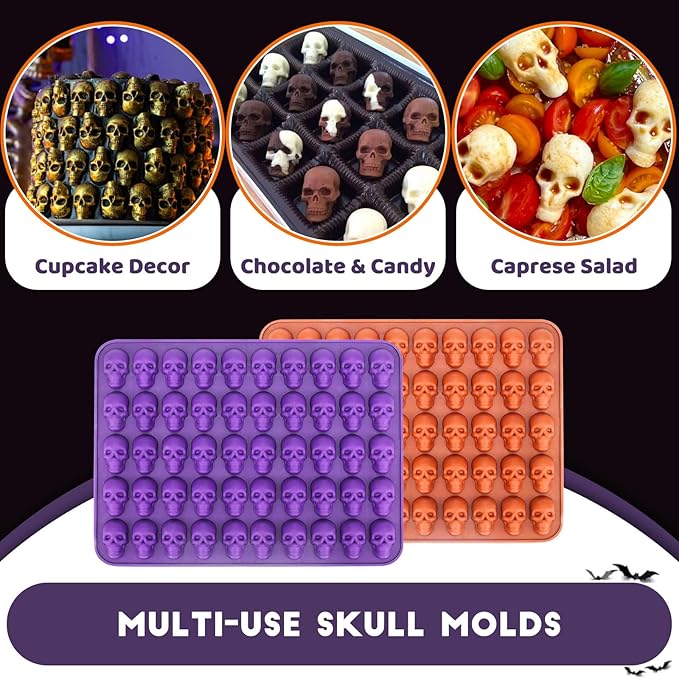 Mini Skull Molds Silicone Halloween for Candy Gummy Chocolate, 100 Cavity 2 pcs Small Head Shapes Freezing Tray Party Homemade 3D Caprese salad Wax Melts DIY Moulds BPA Free Kids Oven Safe