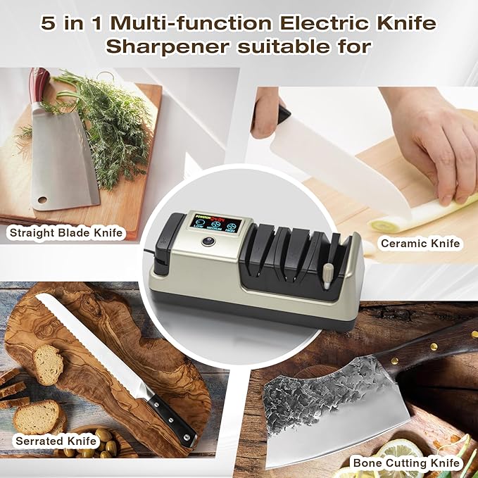 Light Blonde 5 in 1 Electric Knife Sharpener with LCD Screen for Kitchen Knives, 3 Rotational Speed Electric kitchen Knife Sharpener for Straight,Serrated, Ceramic Knives,Scissors & Axes