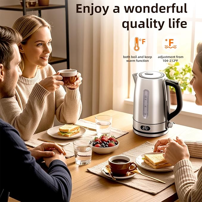 Kndko Electric Kettle,Temperature Adjustmenet, Stainless Steel Filter and Kettle,1.7L Tea Kettle & Hot Water Boiler For Coffee & Tea, Automatic Shut Off, 1500W, Silver