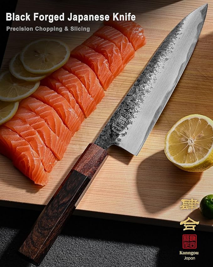 8.27 Inch Japanese Chef Knife, 210MM Black Forged Japanese Knife with Red Sandalwood and Eboy Wood Handle, Gyuto Chefs Knives with Premium Gift Box (WA Series)