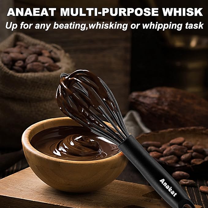 Anaeat Silicone Kitchen Whisk Set of 4, Perfect for Non-Stick Cookware, Egg Beater Milk Blender for Whisking, Cooking, Baking, Beating - 11'' Flat Whisk and 8.5''+10.5''+12'' Balloon Whisks (Black)