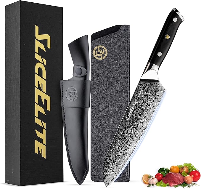 SliceElite Elite Series 7 Inch Santoku Knife VG10 Damascus Steel G10 Handle Dual Protection Cutting Kitchen Tool Sharp Vegetable Meat Chopping BBQ Chef Slicing Cleaver Cooking Camping Butcher Gift