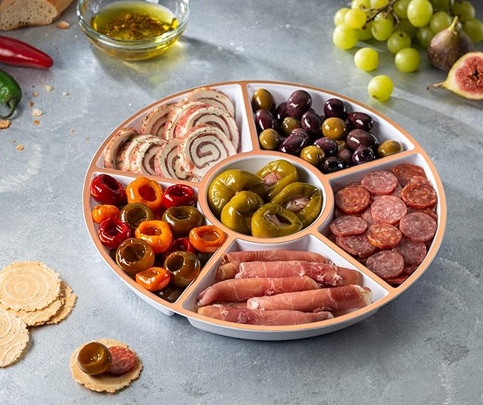 Plasticpro 6 Sectional Round Plastic Serving Tray/Platter (8, White & Rose Gold)