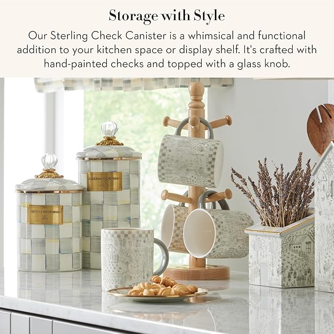 MACKENZIE-CHILDS Large Enamel Canister, Kitchen Storage Container for Flour and Sugar, 1.89 Liters, Grey-and-White Sterling Check