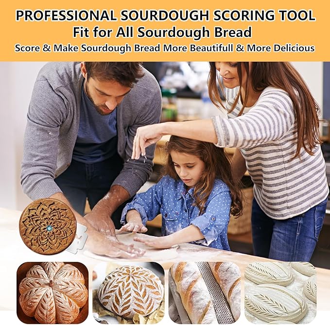 UFO Bread Lame Sourdough Scoring Tool - Dough Scoring Tool for Sourdough Bread baking & Bread Making Tool, Wooden Scoring Tool with 5 Razor Blades, Leather Storage Cover, Finger Sleeves, Cleaning Tool