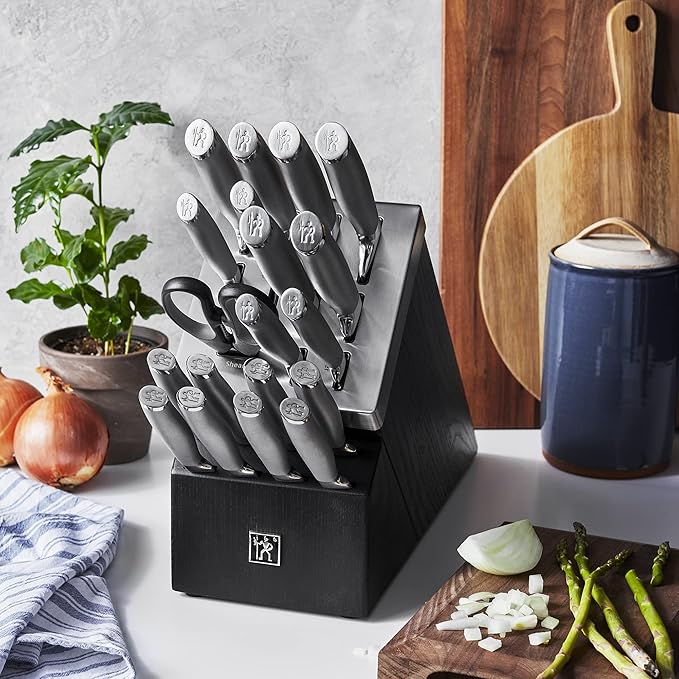 HENCKELS Modernist 20-Piece Self-Sharpening Knife Set with Block, Chef's, Paring, Utility, Bread, Steak Knives, Black, Stainless Steel