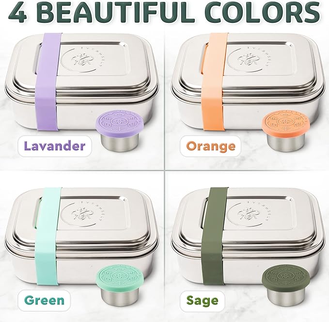 Everusely - Bento Box - Sage, 27oz / 0.8 L - Stainless Steel Lunch Box with Leakproof Condiment Container - 3 Compartment Snack Organizer for On the Go Meals - Freezer & Dishwasher Safe