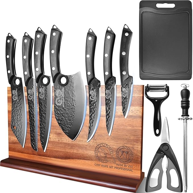 XYJ Kitchen Knife Set with Magnetic Knife Block,Cutting Board,Scissors,Honing Steel,Professional Knife Block Set,High Carbon Steel Blade,Meat Cleaver,Full Tang,Wood Handle