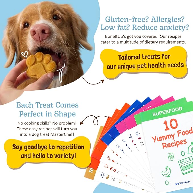 BoneItUp Dog Treat Making Kit – All-in-One DIY Cookie Set with Reusable 3 Silicone Dog Treat Molds, 3 Cutters, 10 Recipes & Gift Bags – Make Healthy Homemade Treats for Dogs, XL Kit for Big Dogs
