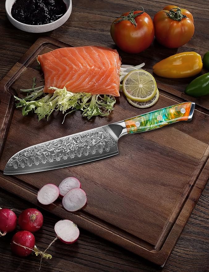 Santoku Knife - 7 inch - Xuan Series - VG10 Damascus Steel Kitchen Knife - Resin Handle (Fantasy Orange)