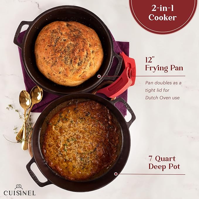 Cuisinel Cast Iron Dutch Oven 7-Quart - Pre-Seasoned 2-in-1 Deep Pot Multi-Cooker - Combo Lid Doubles as 12" Skillet Frying Pan + Silicone Handle Covers + Scraper/Cleaner - Indoor/Outdoor Cookware