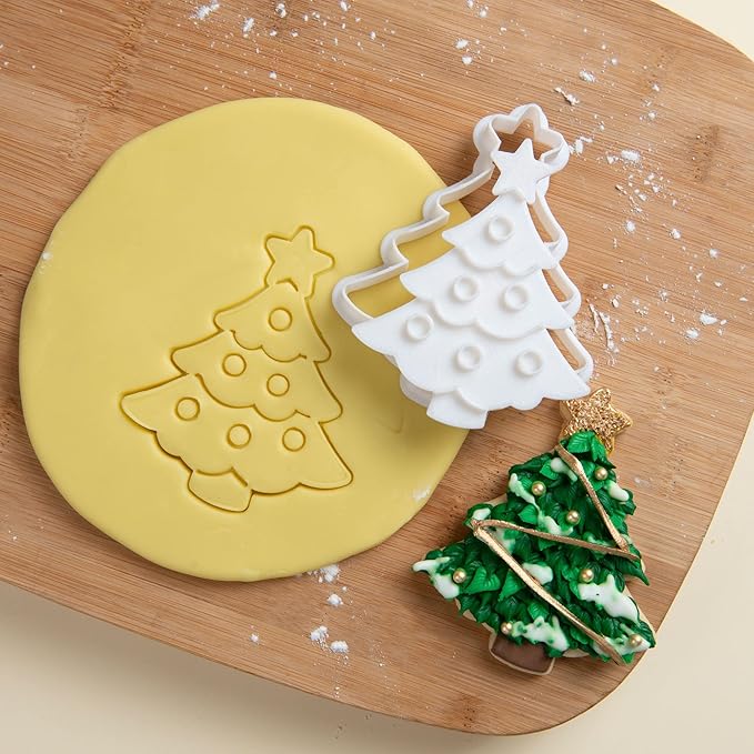Flycalf Christmas Cookie Cutters Xmas Tree Shapes with Plunger Stamps Holiday PLA Baking Accessories Cutter Molds Gifts Decorative Party 3" Kitchen Cake Supplies
