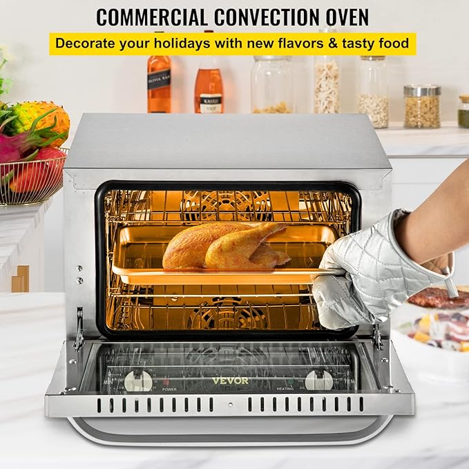 VEVOR Commercial Convection Oven, 21L/19Qt, Quarter-Size Conventional Oven Countertop, 1440W 3-Tier Toaster w/Front Glass Door, Electric Baking Oven w/Trays Wire Racks Clip Gloves, 120V