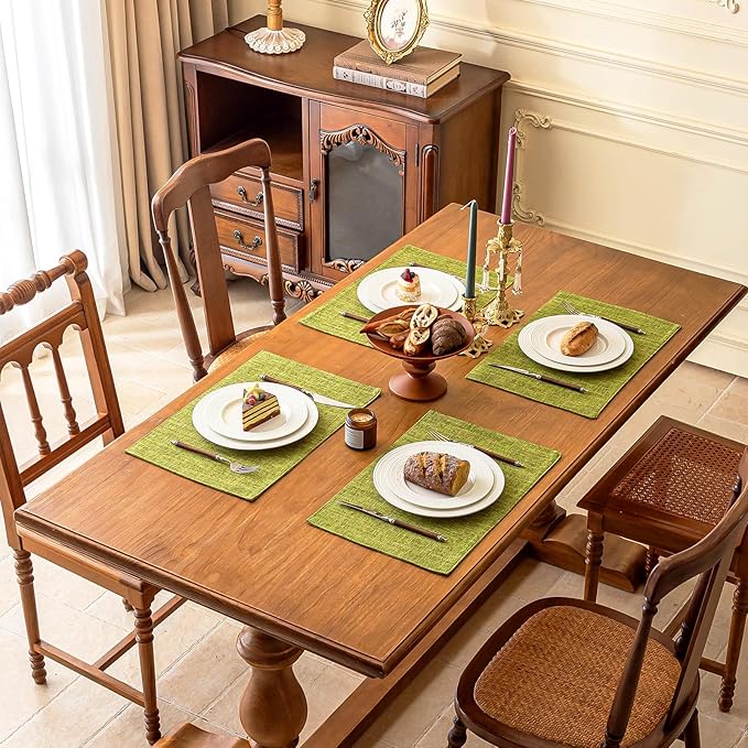 KXN Placemats Set of 6, Dual-Layer Thickened Faux Linen Table Mats, Heat Resistant & Wrinkle-Free, Machine Washable Cloth Place Mats for Kitchen Dining Indoor Outdoor (Green)