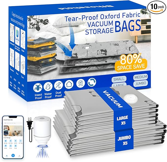 5 Jumbo + 5 Large Tear-Proof Vacuum Storage Bags with Pump, Oxford Fabric Reusable Space Saver Vacuum Storage Bags for Travel, Clothing, Luggage, Packing, Blankets, Quilt