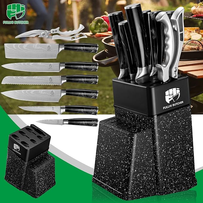 FULLHI 8pcs block Knife Set,chef's Knves Set with Block and Sharpener, Kitchen Knife Set,Multi-colour Handle, Gifts for Men Women