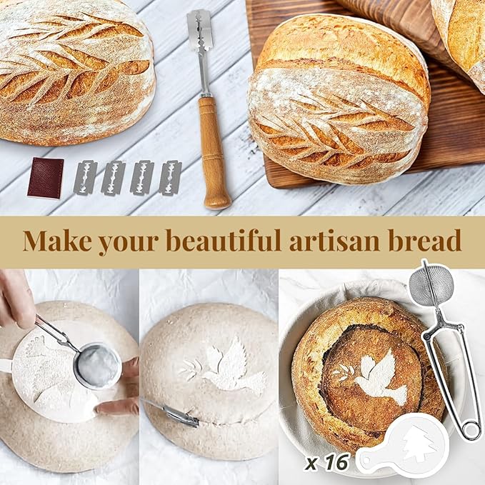 Sourdough Starter Kit, Sourdough Bread Baking Supplies with 2 Pcs 9" Round Banneton Bread Proofing Baskets, Dough Scraper, Dough Whisk, Bread Lame, Silicone Sling, Spatula, Powder Dredger