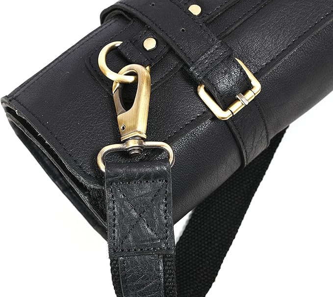 Leather Knife Roll Storage Bag, Elastic and Expandable 10 Pockets, Adjustable/Detachable Shoulder Strap, Travel-Friendly Chef Knife Case (Cerulean Black, Leather)