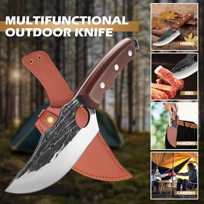 Chef Knife Kitchen Knives Japanese Butcher Knife Meat Cleaver, High Carbon Steel Hand Forged Full Tang Viking Knives with Sheath for Camping, Outdoor, BBQ, Home