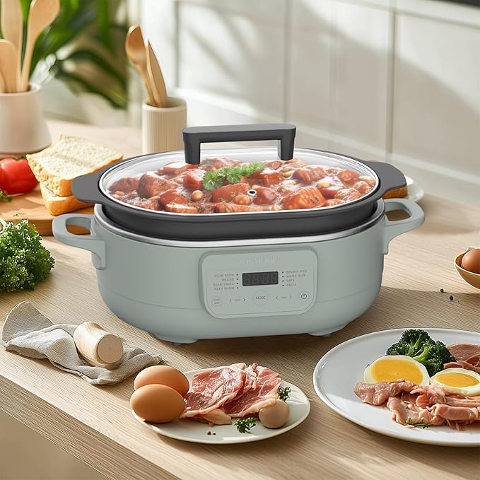 MAGNIFIQUE 6 Quart Multi-Cooker, with 8-in-1 Casserole Programmable Slow Cooker, Dutch Oven, Pasta, Nonstick, Oven Safe Pot to 500°F Olive