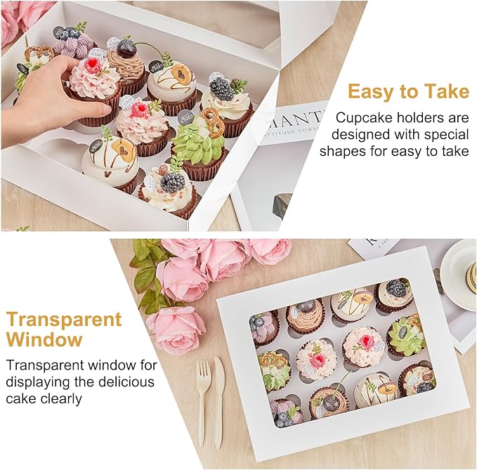 Kucoele 12 Count Cupcake Boxes, 2 Pack White Cupcake Containers with Windows and Inserts, Disposable Cupcake Carriers for Muffins, Treats, Pastries, 13 x 10 x 4 Inches