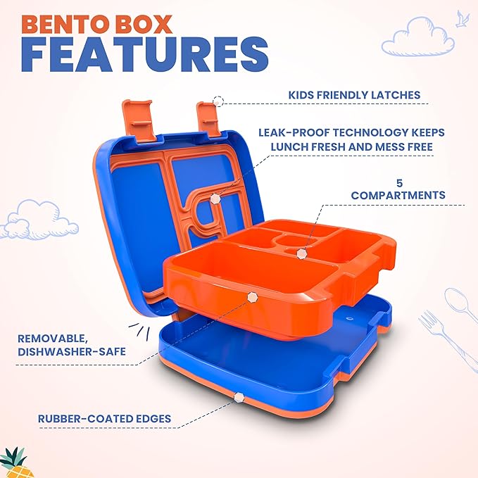 YOLAY Bento Box for Kids Lunch Box Leak-Proof, 5-Compartment Lunch Box Kids for Ages 3-10, Durable with Anti-Slip Base, Suitable for Schools, Outdoor and Travel (Trucks)